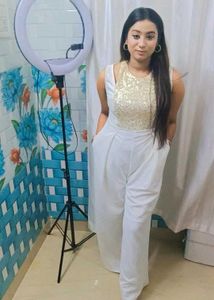 Chic White & Gold Sequin Jumpsuit