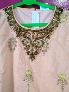 Peach Embroidered Long Frock With Suit