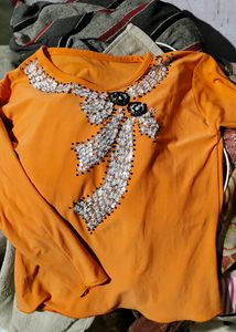 Orange Embellished Long Sleeve Top