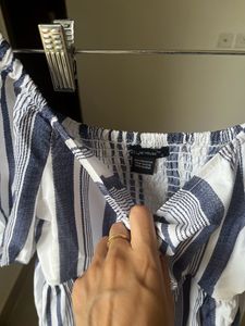 Blue Stripe Ruched Maxi With  Lace Cutwork Details