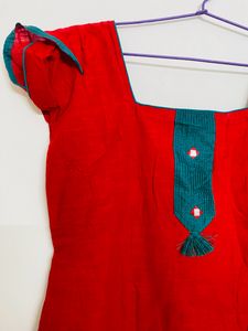 Red Cotton Churidhar Set With Multi Clr Dupatta