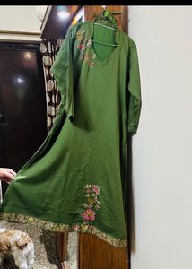 Olive Green Embroidered Kurti Set