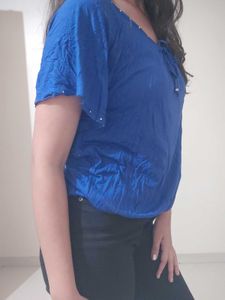 Royal Blue Embellished Tie-Neck Top