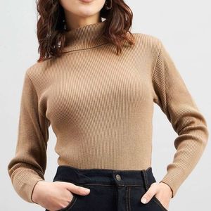 🧥 Mustard Yellow Ribbed Turtleneck Top