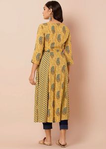 INDYA Mustard Printed Side-Tie A-Line Kurta