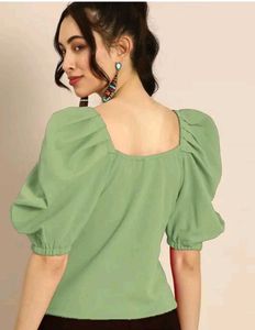Green Puff Sleeve Fitted Top On Sale
