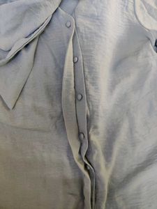 Elegant Light Blue Office Wear Shirt Bow Tie Nec