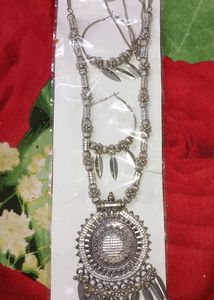 Long Oxidized Silver Necklace &amp; earings