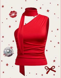 Red Asymmetric Neck Tie Top