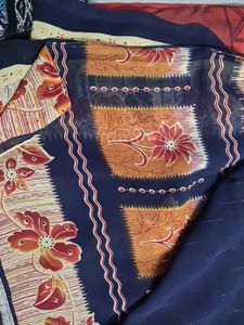 Dark Blue And Orange Red Floral Saree