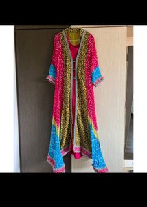 Bandhini Style Suit 3 Piece Suit- Long Inner, Detachable Shrug, Pant And Dupaata.