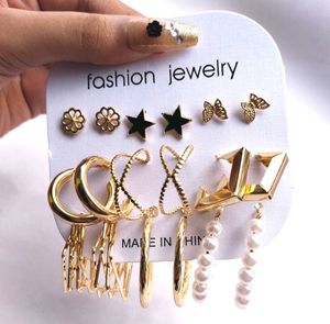 Combo set Gold Tone Earring  - 9 Pairs,hoop