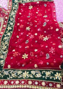 Cherry Red &amp; Green  Embroidered Lehnga With Dupatt