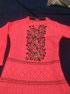 Embroidered Pink Woolen Kurti