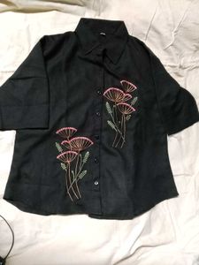Floral Embroidered Black Shirt