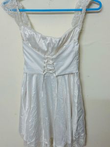 White Satin Lace Trim Mini Dress