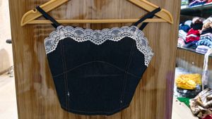 Lace-Trimmed Denim Crop Top