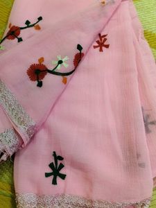 Texture Chiffon Pink ColorThread Embroidery Saree