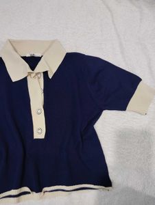 Navy & Beige Polo Top