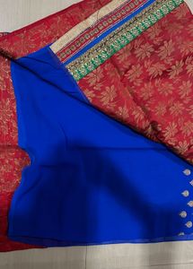 Red &amp; Blue Gold Floral Pattern Sari