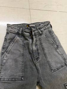 Off Duty India Metal Grey High Waist Cargo Jeans