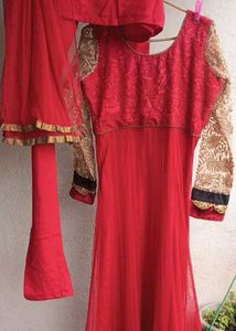 Red &amp; Gold anarkali gown with velvet bodice