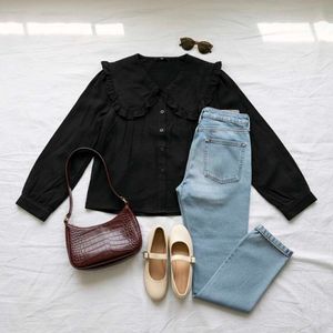 Ruffle Collar Black Blouse