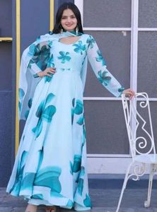 New/Unused Floral Printed Gown With Dupatta