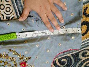 Grey Kurti with Red Banarasi Dupatta