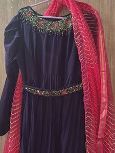 Dark Purple Umbrella Frock With Dupatta