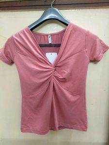 Rose Pink Twist Front Fitted T-Shirt