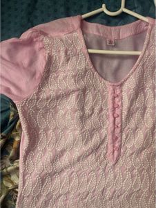 Pink Chikan Embroidered Kurta