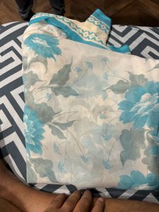 Saree White Flower Print Unused