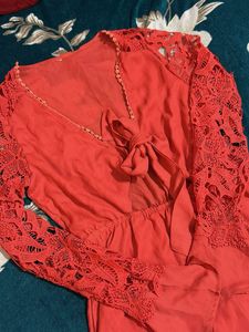 Coral Lace Sleeve Romper