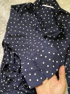Navy Polka Dot Tie-Neck Midi Dress