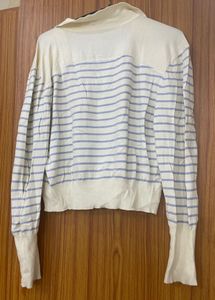 Beige Striped Semi Woolen Collered Top