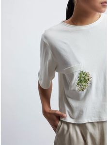 White Organic Tee with Floral Embroidery