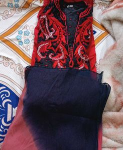 Red & Black Embroidered Kurti Set