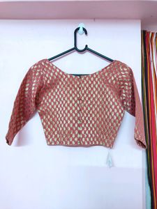 Beautiful Boat Neck Pink And Gold Saree Blouse
