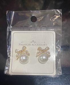 Sparkling Bow and Faux Pearl Gold Plated Studs
