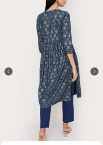Blue Embroidery Kurti Pant Set With Free Shippin