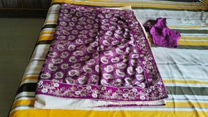 Purple And Cream Sari With Blouse