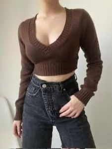 Brown Cropped V-Neck Sweater H&amp;M