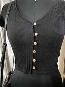 Black Front Buttoned Ribbed Top