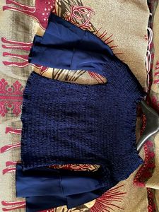 Navy Smocked Off-Shoulder Bell Sleeve Top