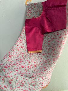 Pink Floral Print Saree with stitched blouse