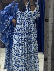 Blue Floral Anarkali Suit With Pants And Dupatta