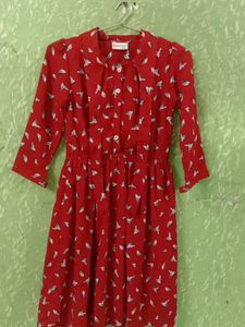 Red Bird Print Button-Down Dress