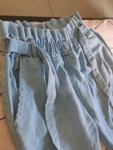 Light Blue High-Waisted Denim Paper Bag Pants