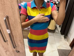 Lounge Wear Colorful Striped Polo Mini Dress